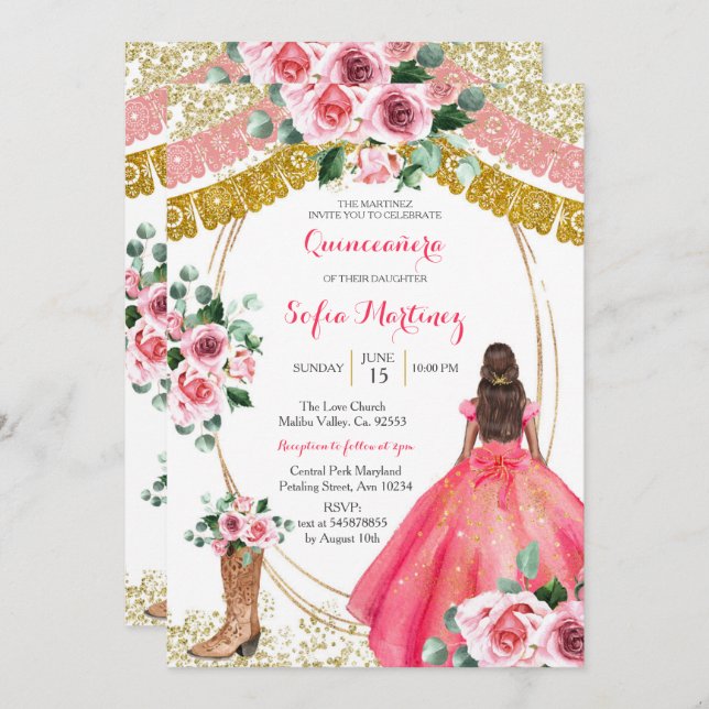 Rosa ros Inbjudan - Vit mexikansk flicka 15 födels (Fram/baksida)