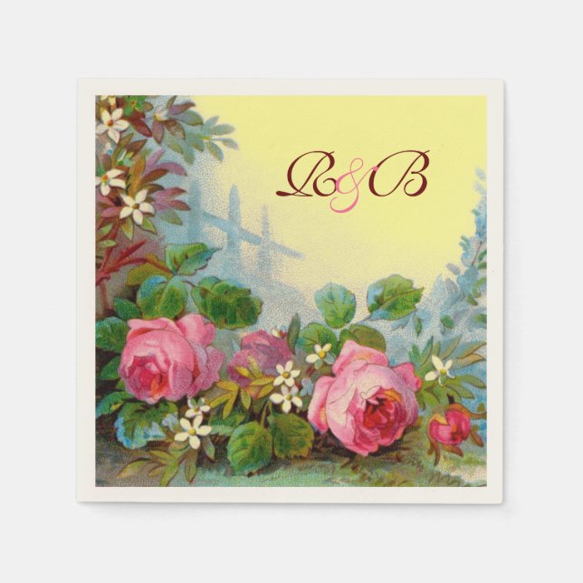 ROSA ROS,JASMINES BLOMMIGT BRÖLLOP MONOGRAM Gult Pappersservett (Framsidan)