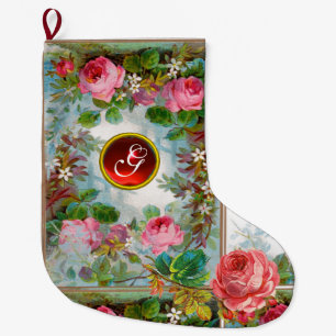 ROSA ROS ,JASMINES BLOMMIGT RED GEMSTONE MONOGRAM STOR JULSTRUMPA