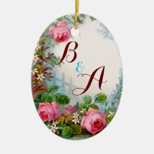 ROSA ROS & JASMINES MONOGRAM Bröllop Souvenir Julgransprydnad Keramik