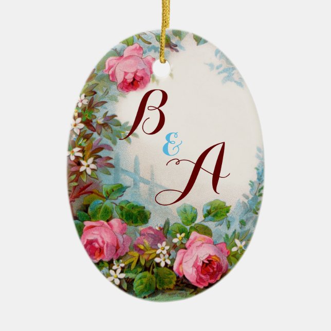 ROSA ROS & JASMINES MONOGRAM Bröllop Souvenir Julgransprydnad Keramik (Framsidan)