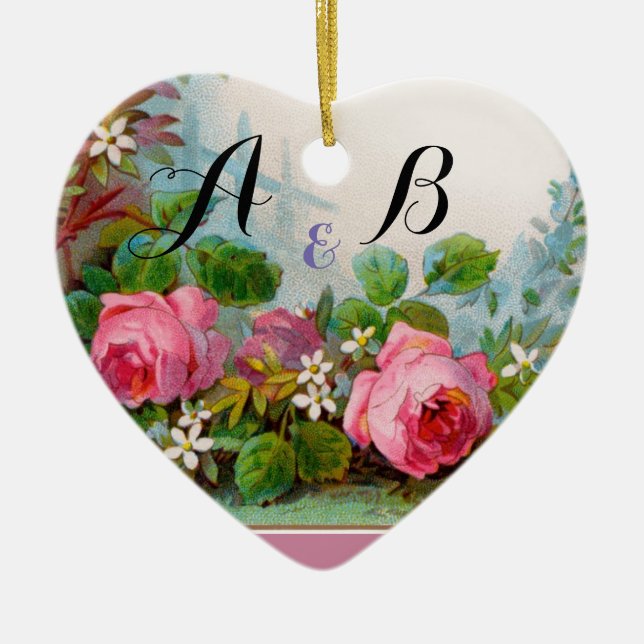 ROSA ROS & JASMINES MONOGRAM Bröllop Souvenir Julgransprydnad Keramik (Framsidan)
