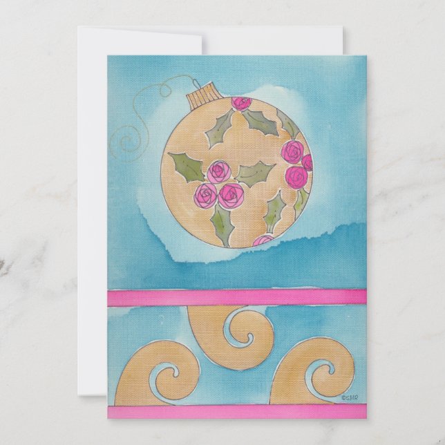 Rosa ros & julgran ornament - Platt julkort Meddelande (Framsida)