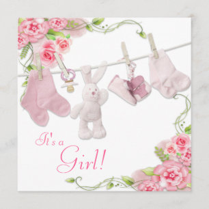 Rosa ros klädstreck babyflicka shower inbjudan