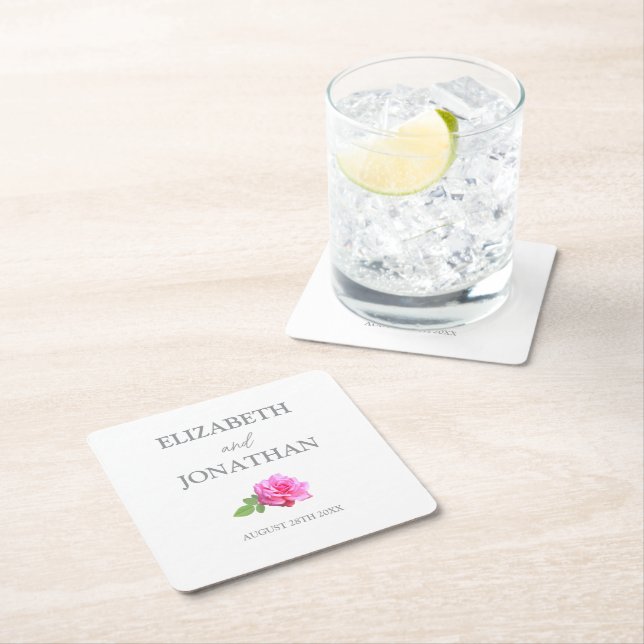 Rosa Ros Klassisk Minimalistisk Bröllop Underlägg Papper Kvadrat (Insitu)