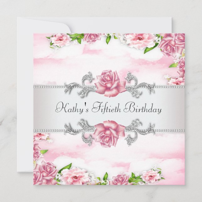Rosa ros kvinnas 50-årsfest inbjudningar (Framsida)
