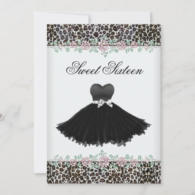 Rosa ros Leopard Sweet sixteen Födelsedagsfest Inbjudningar (Framsida)