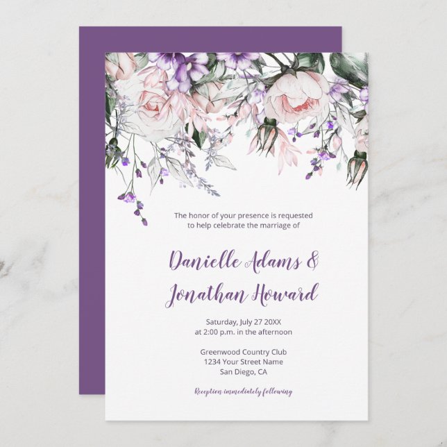  Rosa ros Lila Wildblommor Bröllop Inbjudningar (Fram/baksida)