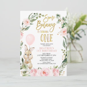 Rosa ros Lite Bunny Turning 1:a födelsedag Inbjudningar