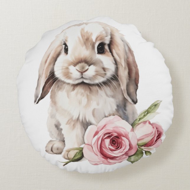 Rosa ros Lop Eared Bunny Rabbit Rund Kudde (Baksidan)