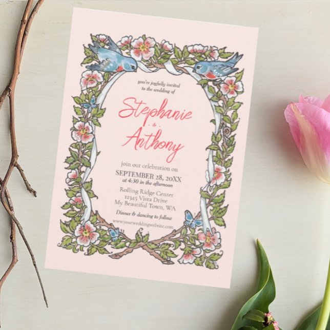  Rosa ros & Love Bird Pastel Gräns Bröllop Inbjudningar (Skapare uppladdad)