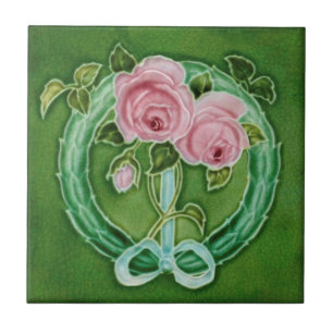 Rosa ros Majolica Faux Relief Repro Antique Kakelplatta