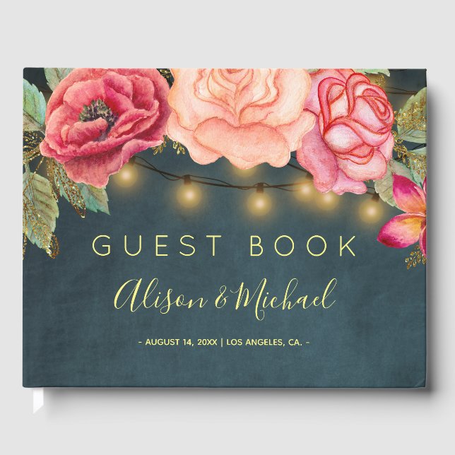  rosa ros marin blå sträng ljus bröllop gästböcker (Framsida)