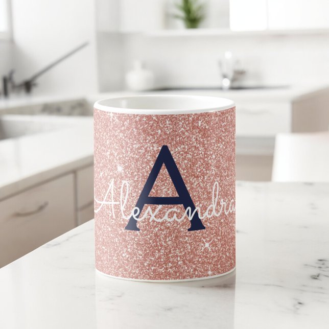 Rosa ros marinblått Gnistra Glitter Monogram Kaffemugg (Skapare uppladdad)