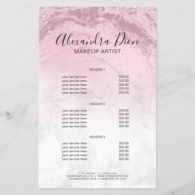 Rosa ros marmormakeup artist glitter flygblad (Framsidan)