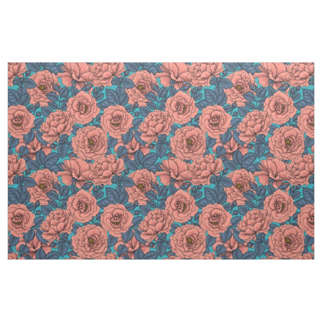Rosa ros med blå löv på blå tyg (Fat Quarter)