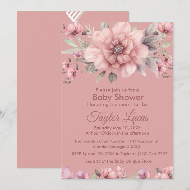 Rosa ros med inbjudan till Grey Baby Shower (Fram/baksida)