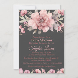 Rosa ros med inbjudan till Grey Baby Shower