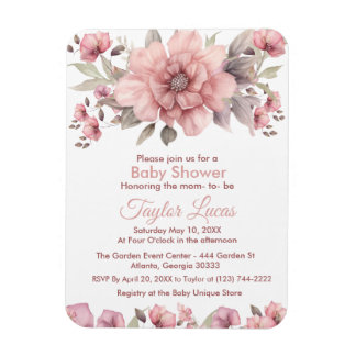 Rosa ros med inbjudan till Grey Baby Shower Magnet