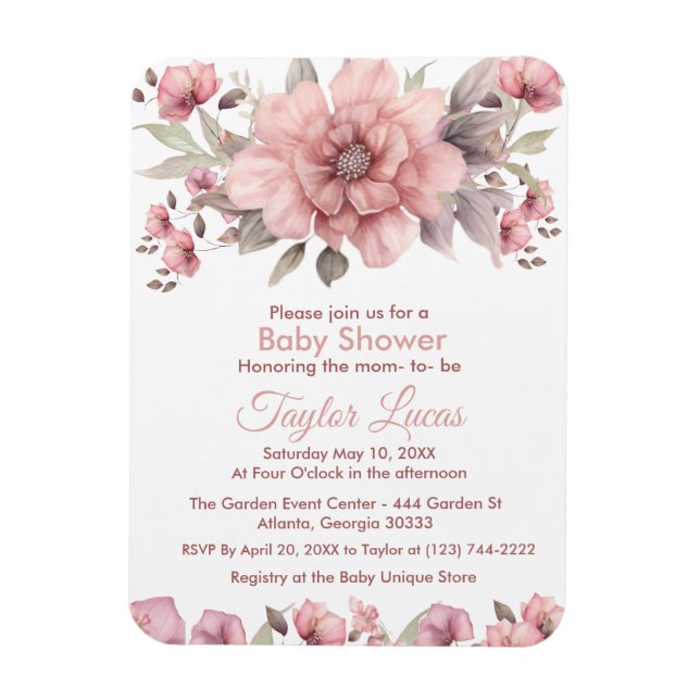 Rosa ros med inbjudan till Grey Baby Shower Magnet (Vertikal)