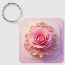 Rosa ros med invecklad guldsmyckade detaljer nyckelring