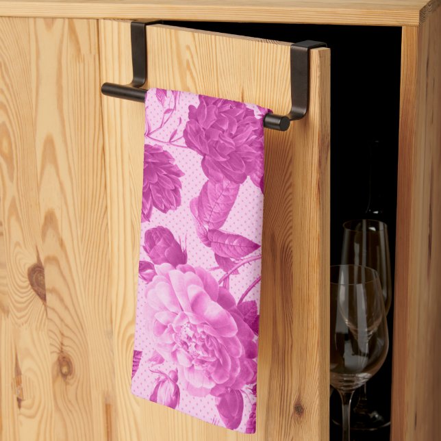 Rosa ros med Löv Mönster Kökshandduk (Thirds Fold)
