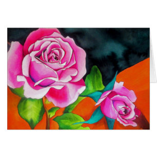 Rosa ros med orange akvarellkonst hälsningskort