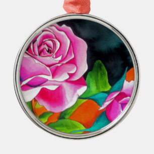 Rosa ros med orange akvarellkonst julgransprydnad metall