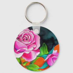 Rosa ros med orange akvarellkonst nyckelring