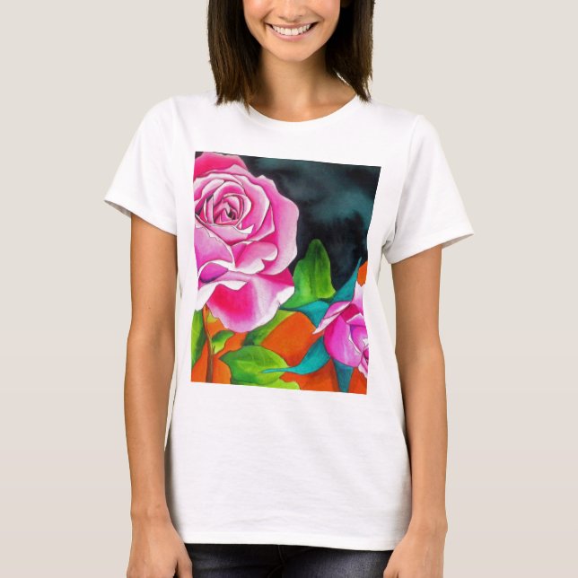 Rosa ros med orange akvarellkonst t-shirt (Framsida)