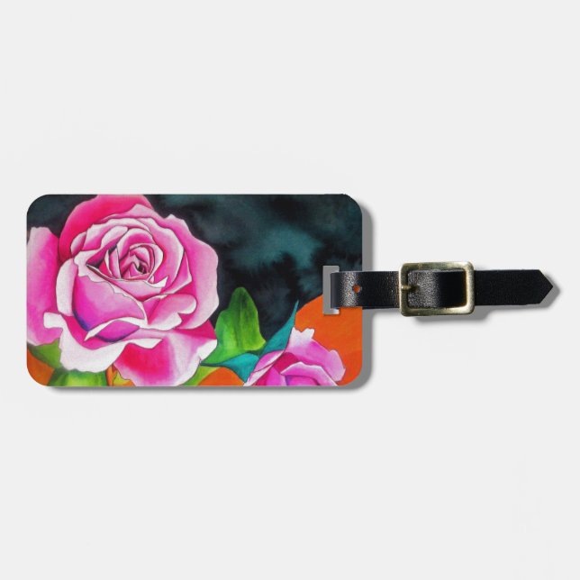 Rosa ros med orange vattenfärgsgrafik bagagebricka (Horisontell Framsida)