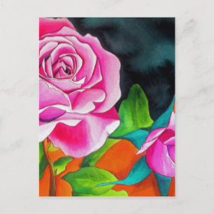 Rosa ros med orange vattenfärgsgrafik vykort