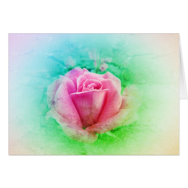 Rosa ros med Rosa och vit - Grönblad Hälsningskort (Framsidan Horizontal)