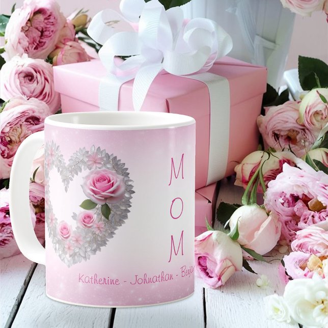 Rosa ros med silverblad hjärta Mamma Kaffemugg (Skapare uppladdad)