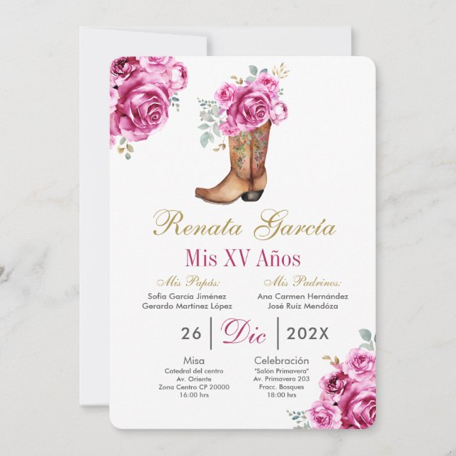 Rosa ros med stövel Quinceañera-inbjudan Inbjudningar (Framsida)