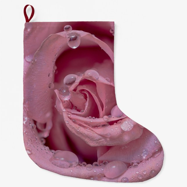 Rosa ros med trädroppar stor julstrumpa (Framsidan)