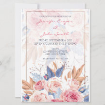 Rosa ros med vattenfärg och blå blomma Chic Bröllo