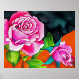 Rosa ros med vattenfärgsgrafik för contemporary av poster