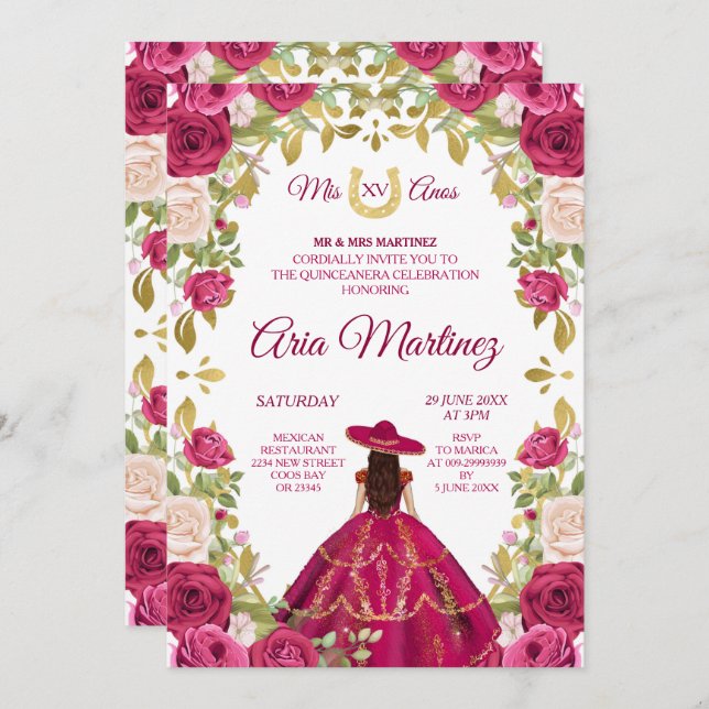 Rosa ros mexikansk flicka 15:e födelsedagsinbjudan inbjudningar (Fram/baksida)