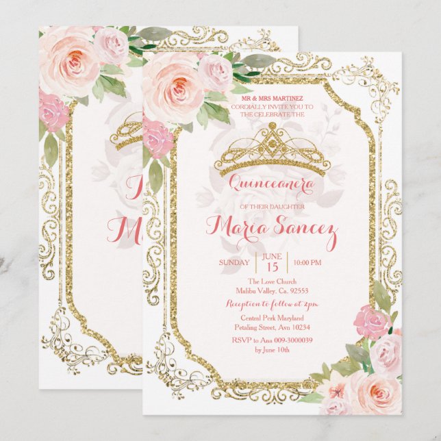 Rosa ros mexikanska Mis Quince-inbjudan Inbjudningar (Fram/baksida)