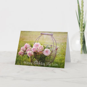 Rosa ros mig en basket, elegantt födelsedagkort kort