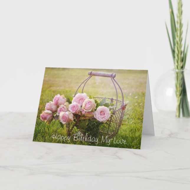 Rosa ros mig en basket, elegantt födelsedagkort kort (Framsida)