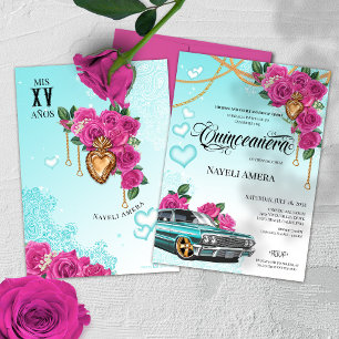 Rosa ros Milagro Heart Chola Lowrider Quinceanera Inbjudningar
