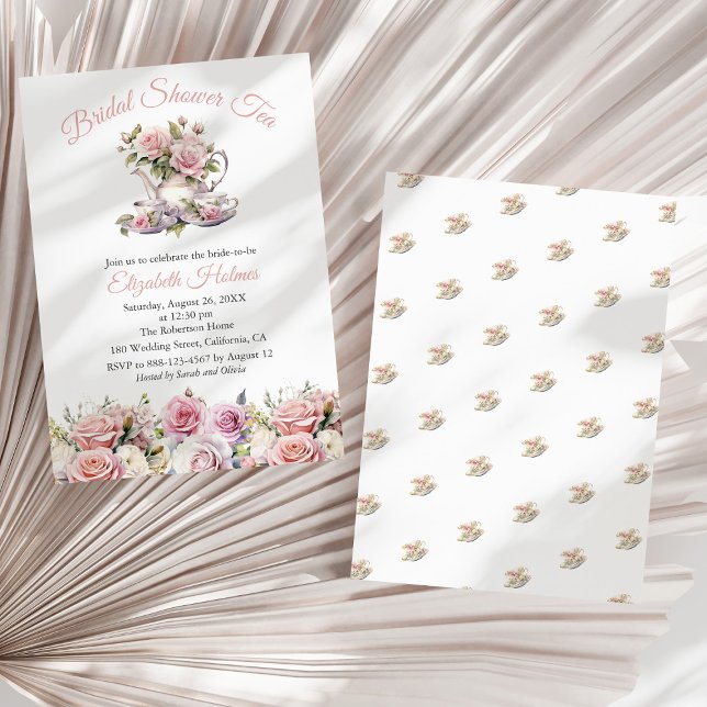  Rosa ros Möhippa Tea Brunch Inbjudningar (Blush Pink Roses Bridal Shower Tea Brunch Invitation on a sunny white dry palm leaf.)