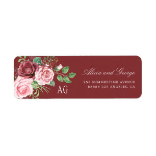 Rosa ros Monogrammed Burgundy Bröllop Returadress Etikett