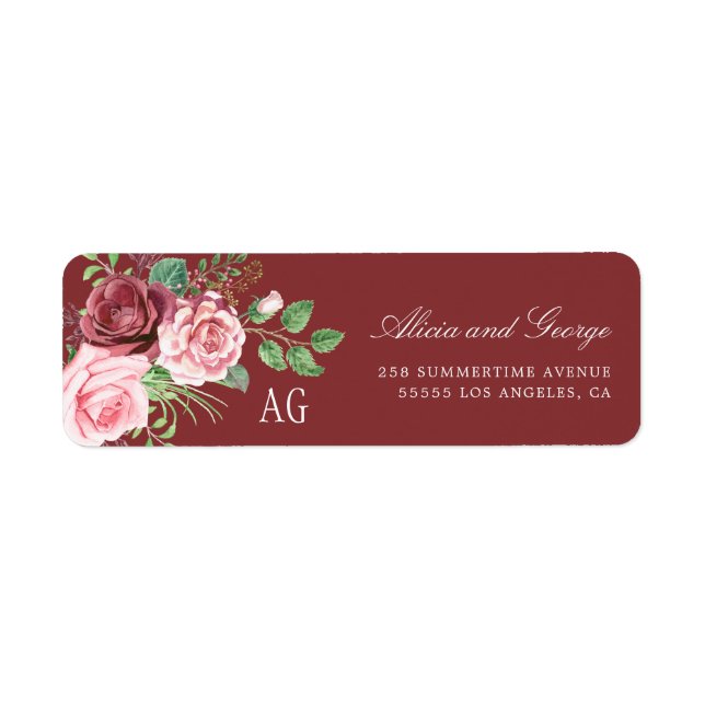  Rosa ros Monogrammed Burgundy Bröllop Returadress Etikett (Framsidan)