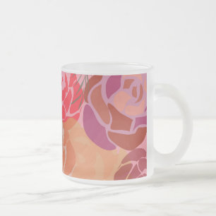 Rosa ros mönster med blommor och växter frostad glasmugg