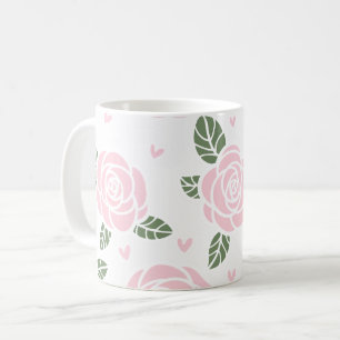 Rosa ros Mönster med Grönt Löv och hjärtan Kaffemugg