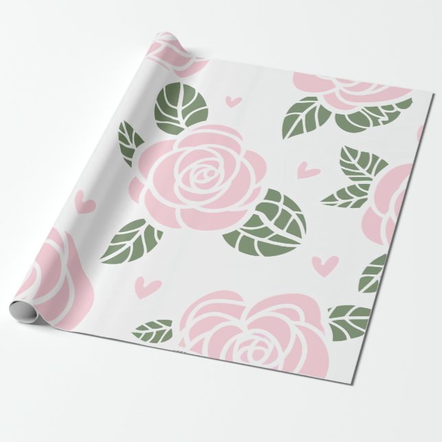 Rosa ros Mönster med Grönt Löv och hjärtan Presentpapper (Utrullad)