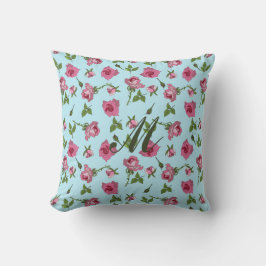 Rosa ros mönster om blå monogram Dekorativ kudde